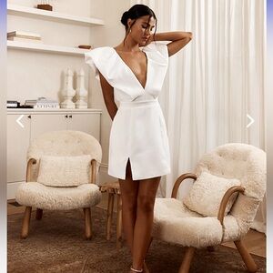 LIARDON BUBBLE SLEEVE V-NECKLINE MINI DRESS WHITE